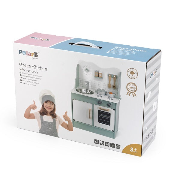 Детская кухня деревянная с принадлежностями (зеленый цвет), арт.44048