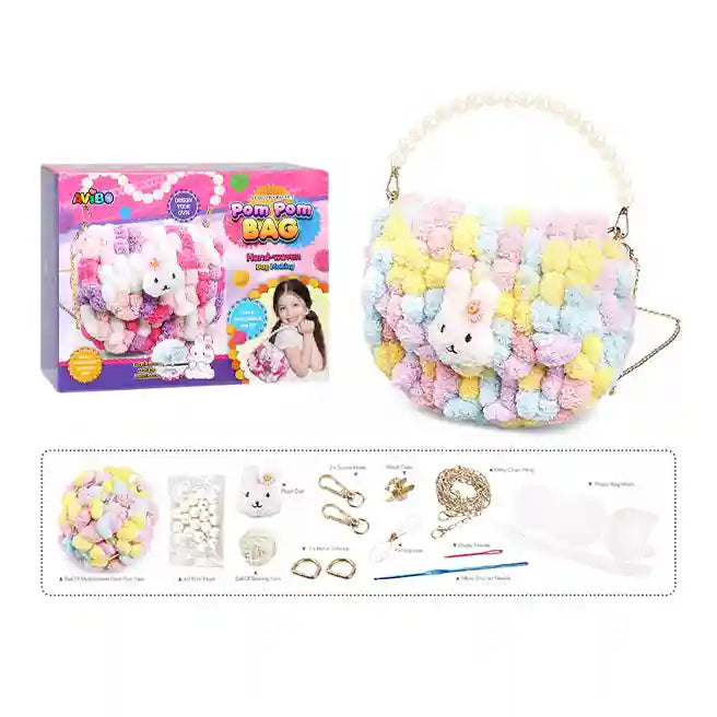 Set pentru creare gentuță cu pompoane, 23 cm, cu accesorii, culoare pastel, semicerc, cod 843009