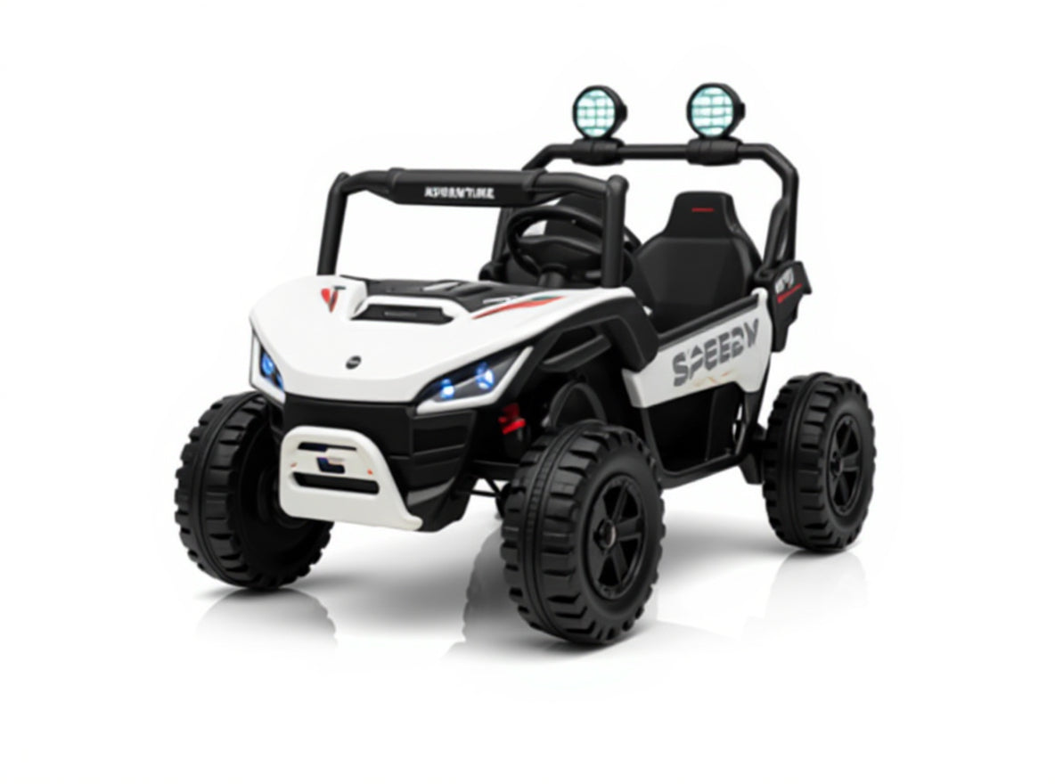 Buggy pentru copii cu două locuri (24V), alb, cu două baterii.