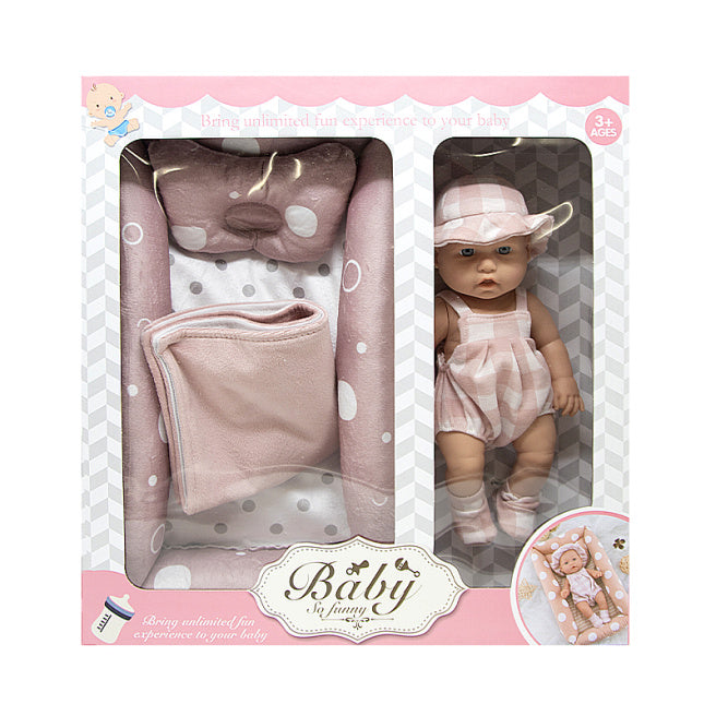 Păpușă-bebeluș „Baby so funny” 30 cm în panama roz cu pătuc, cod 662001