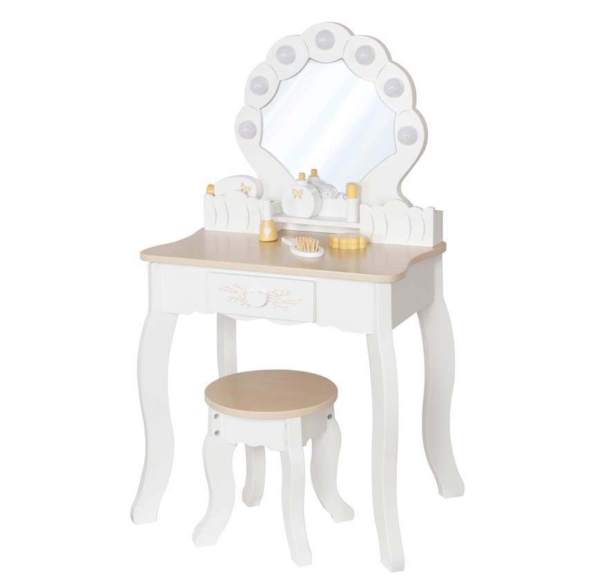 Masa de machiaj din lemn(87×48×30) cu scaun(23×23×26,5) cu lumini, alba W08H222