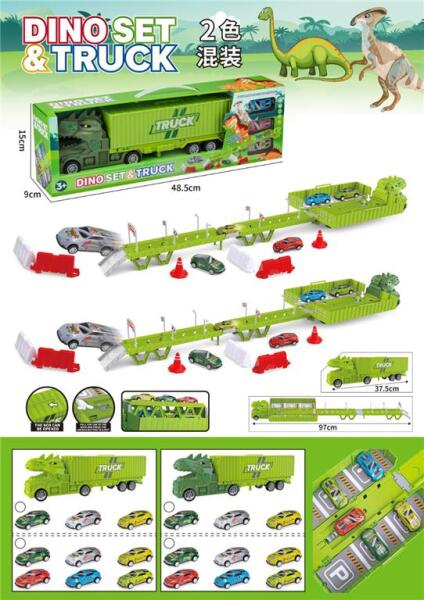 Un camion dinozaur transformabil, cu parcare, rampă și mașini cu remorcare incluse, 866-504A