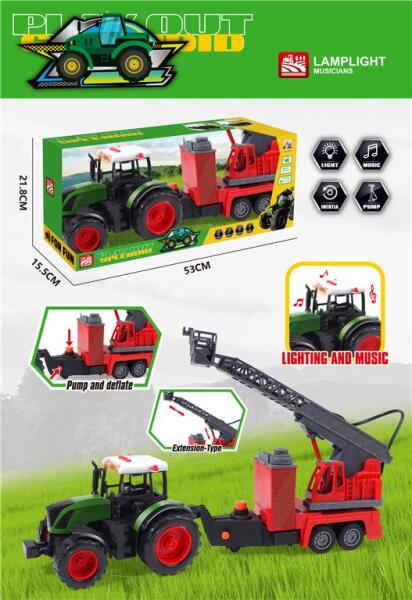 Tractor inerțial metalic cu remorcă, suport telescopic și pulverizator de apă, cu muzică și iluminare, 687-147A