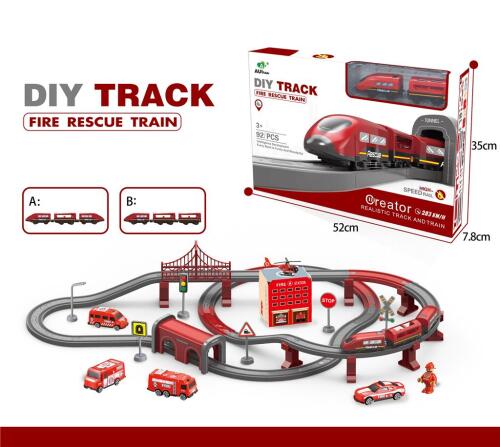 Tren electric de pompieri cu cale ferată și accesorii, 92 piese, culori asortate, AU6883AB