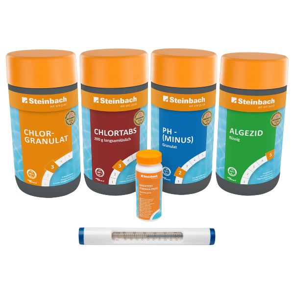 Starter Set: termometru, benzi de testare, granule pH-minus, granule de clor, tablete de clor 200 g, lichid contra algelor SKU: 759001