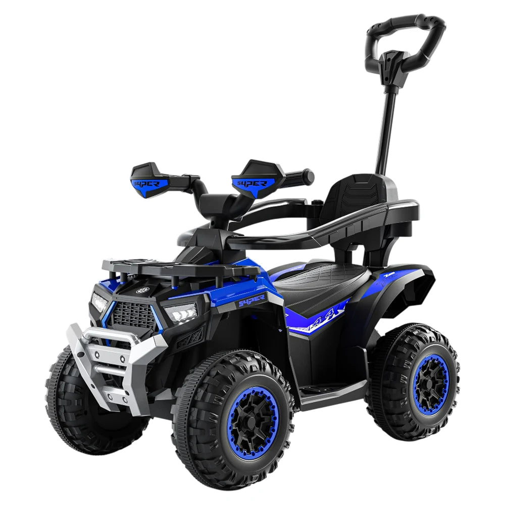 Tolocar ATV pentru copii, cu mâner parental, muzică și lumini, design sport, albastru (605723)