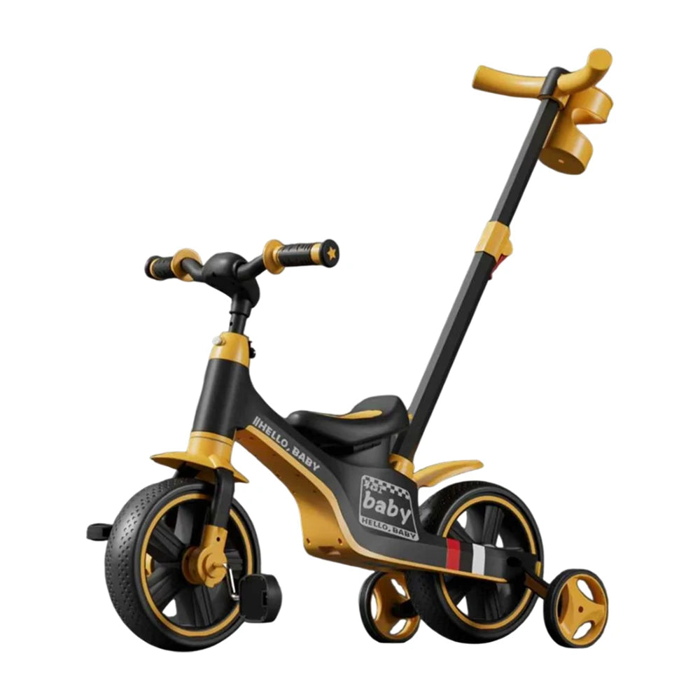 Детский трёхколёсный велосипед 4 в 1 с родительской ручкой, музыкой и подсветкой, оранжевый (74267)