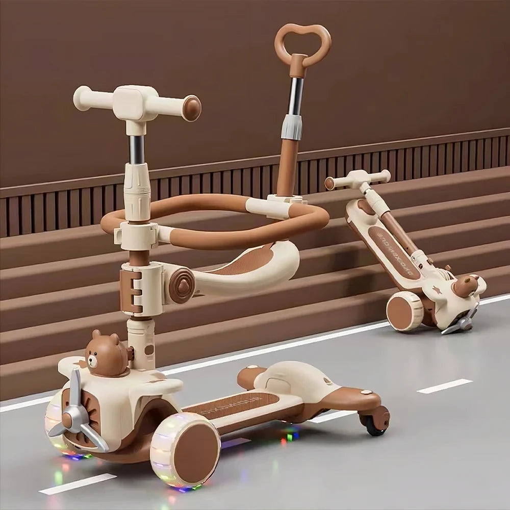 Trotinetă pentru copii 6 în 1 cu scaun, mâner parental, roți luminoase și muzică, bej, RTM Scooter (91573)