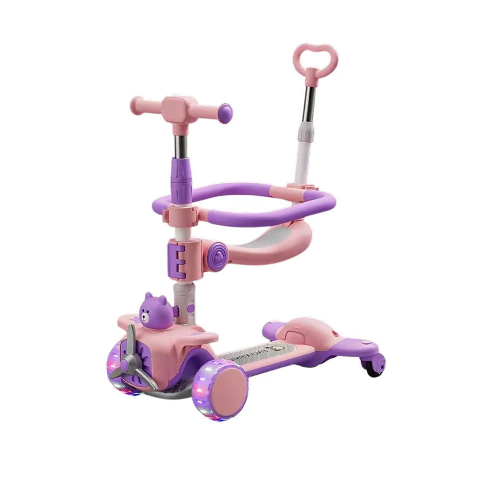 Trotinetă pentru copii 6 în 1 cu scaun, mâner parental, roți luminoase și muzică, roz, RTM Scooter (91238)