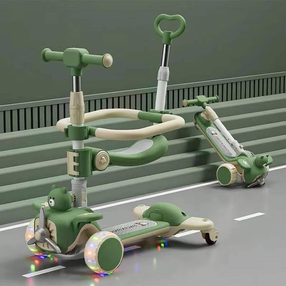 Trotinetă pentru copii 6 în 1 cu scaun, mâner parental, roți luminoase și muzică, verde, RTM Scooter (93157)