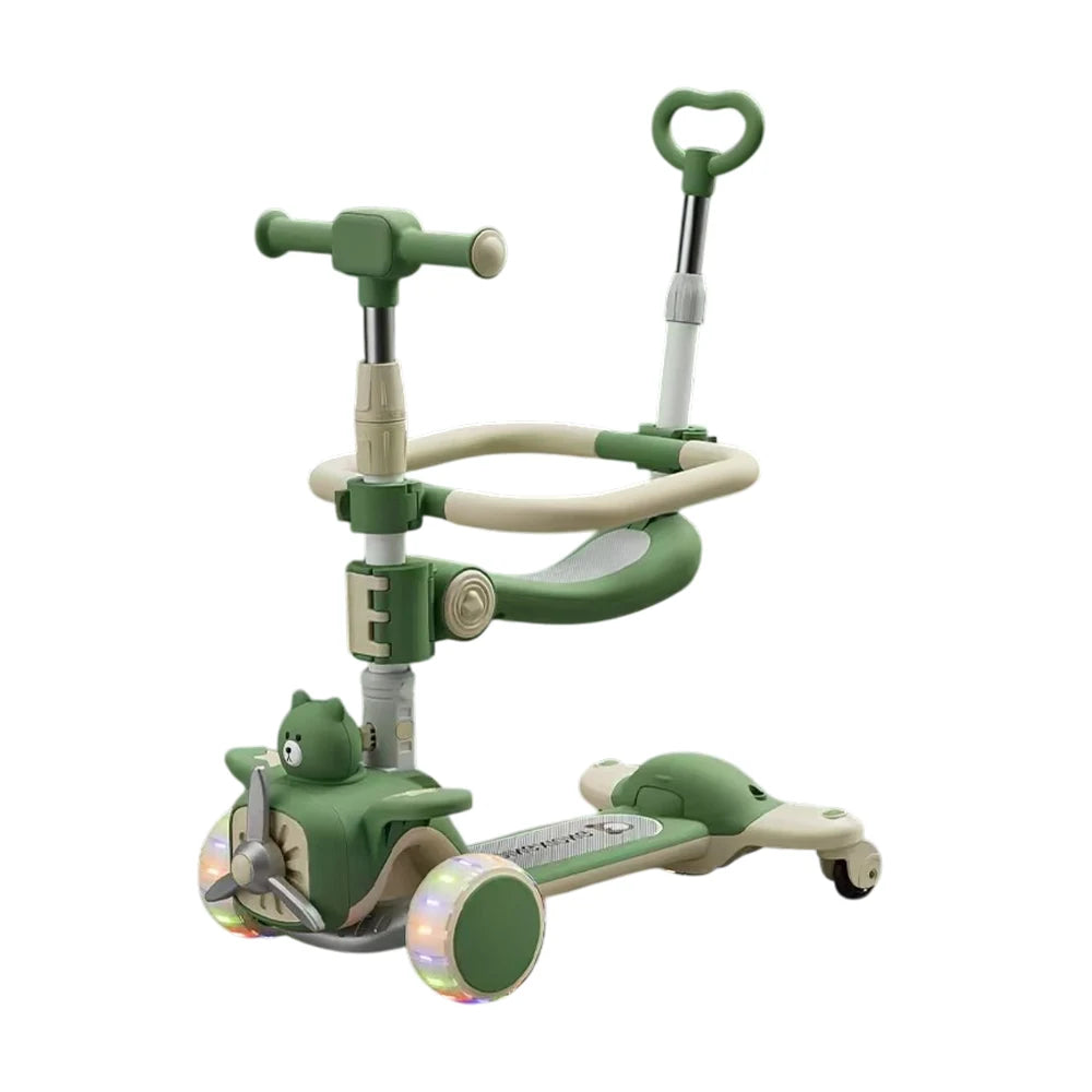 Trotinetă pentru copii 6 în 1 cu scaun, mâner parental, roți luminoase și muzică, verde, RTM Scooter (93157)