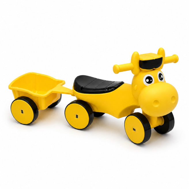 Ride-on „Tăuraș” cu 4 roți, cu remorcă, lumini și sunet, galben, cod 10191b, verde cod 10192b, roz cod 10190b