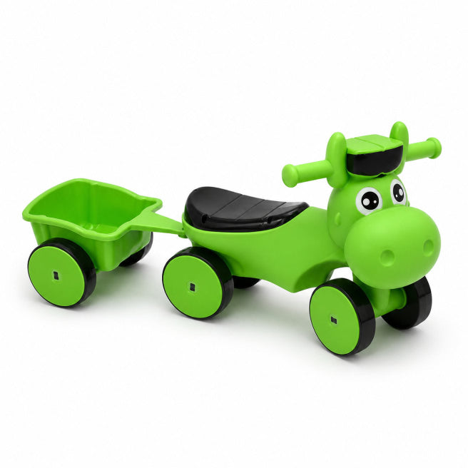 Ride-on „Tăuraș” cu 4 roți, cu remorcă, lumini și sunet, galben, cod 10191b, verde cod 10192b, roz cod 10190b