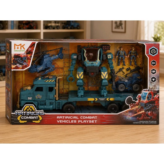 Camion militar cu robot de luptă, elicopter, vehicul și figurine D2510-1977
