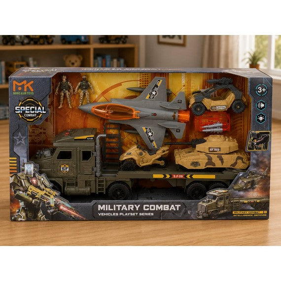 Set militar cu camion transportator, avion, tanc și figurine D2510-1976
