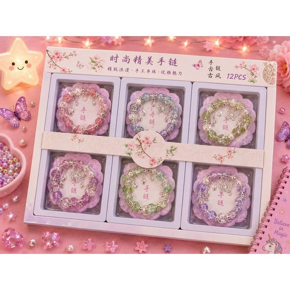 Set cu 12 brățări decorative cu mărgele și fluturași pastel D2510-1794