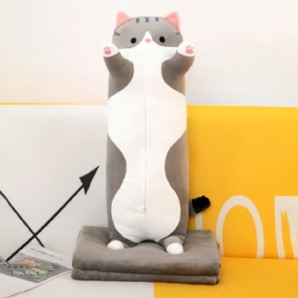 Плюшевая игрушка Кошка 70 см, с одеялом 1×1,6 м, серая (975687)