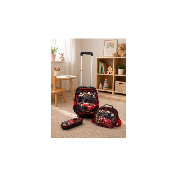 Set pentru școală, format din ghiozdan cu mâner telescopic și roți, mini geantă frigorifică și penar asortat. Disponibil designuri pentru băieți și fete. D2510-2183