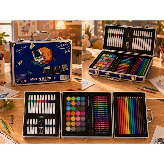 Set profesional pentru desen și pictură în valiză metalică cu tematică spațială – 133 de piese D255-1938