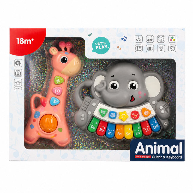 Pian electronic „Girafă și Elefant” cu funcție de înregistrare, gri-roz, cod 10349a