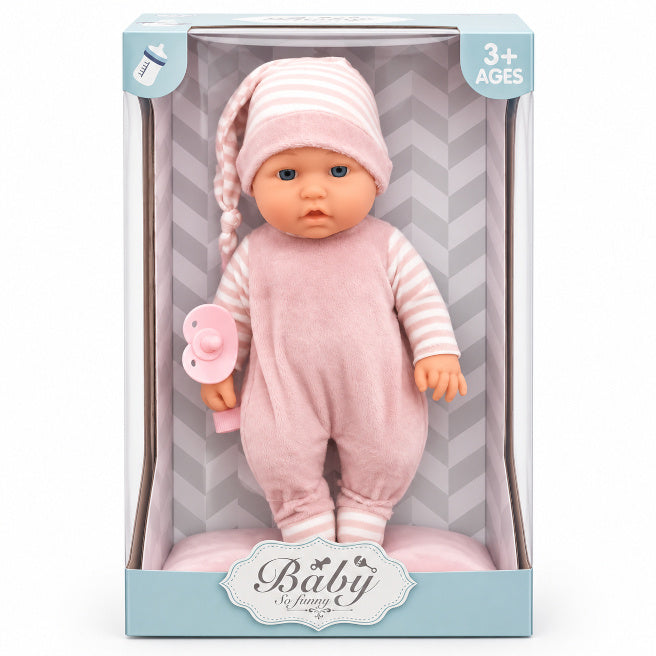 Papuşa-bebeluş 30 cm din vinil cu căciuliță şi biberon, cod 10322a
