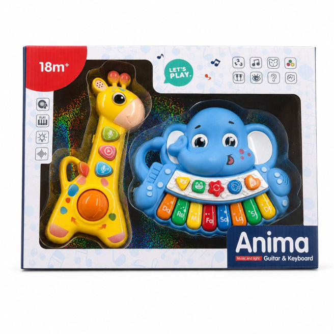 Pian electronic „Girafă și Elefant” cu funcție de înregistrare, galben-albastru, cod 10350a