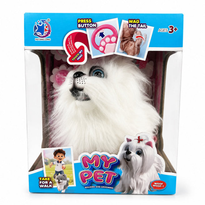 Cățeluș interactiv Bichon, alb, cu lesă și accesorii, cod 10341A
