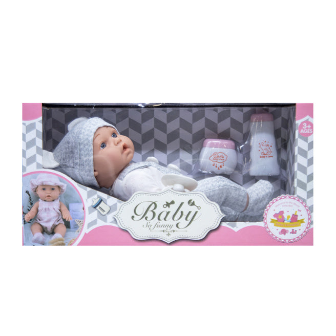 Păpușă-bebeluș 30 cm, vinil, cu suzetă, în salopetă gri, cod 632020