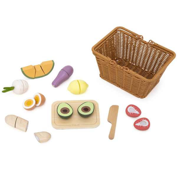 Set de joacă din lemn „Alimente pentru tăiat cu coș” SKU: 44315