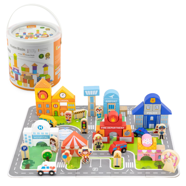 Set de construcție din lemn „Oraș” cu planșă de joc, 100 de piese SKU: 44705