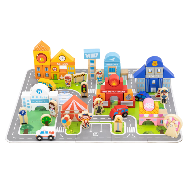 Set de construcție din lemn „Oraș” cu planșă de joc, 100 de piese SKU: 44705