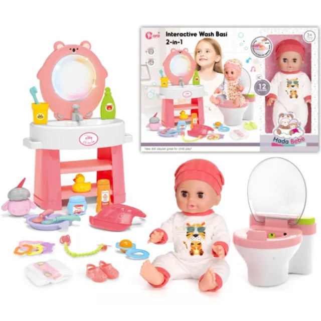 Păpușă Interactivă cu Toaletă și Chiuvetă cu Lumini și Sunete – Set Complet de Îngrijire 2 în 1 22290tt