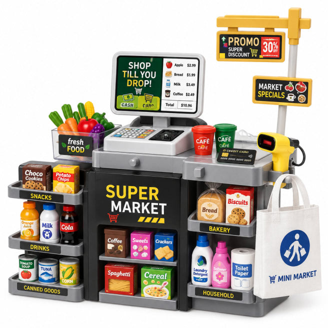 Set supermarket pentru copii cu casă de marcat, lumină, sunet și dozator de apă, cod 10613a