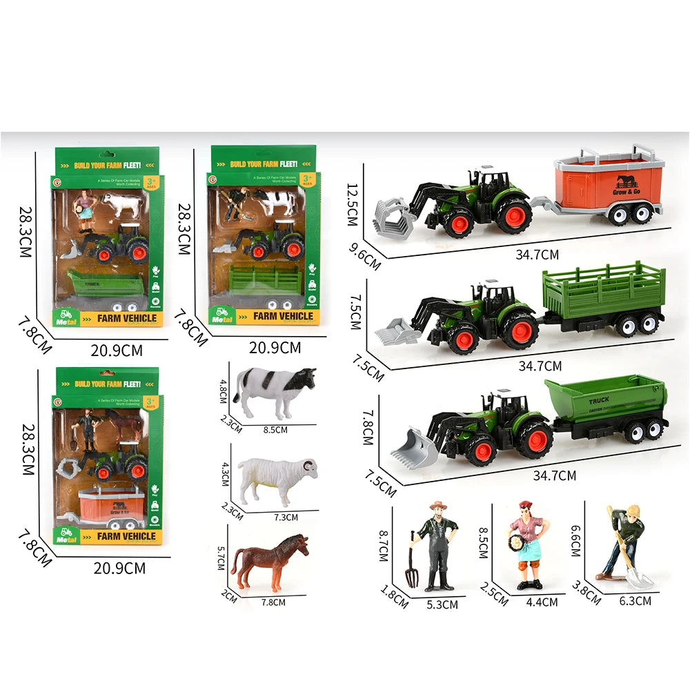 Set de fermă cu tractor din metal, remorcă și accesorii, 3 modele (334078)