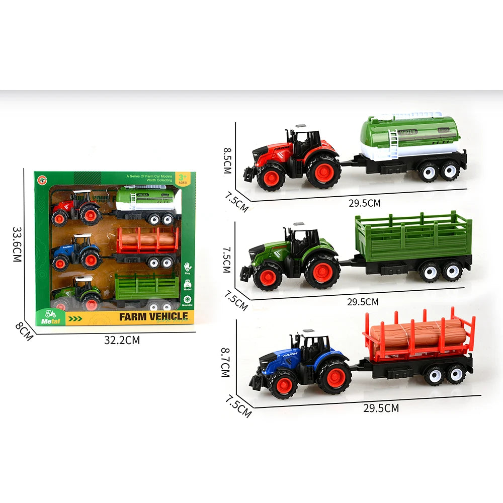 Set de tractoare din metal cu inerție și remorci, 3 bucăți (34023)