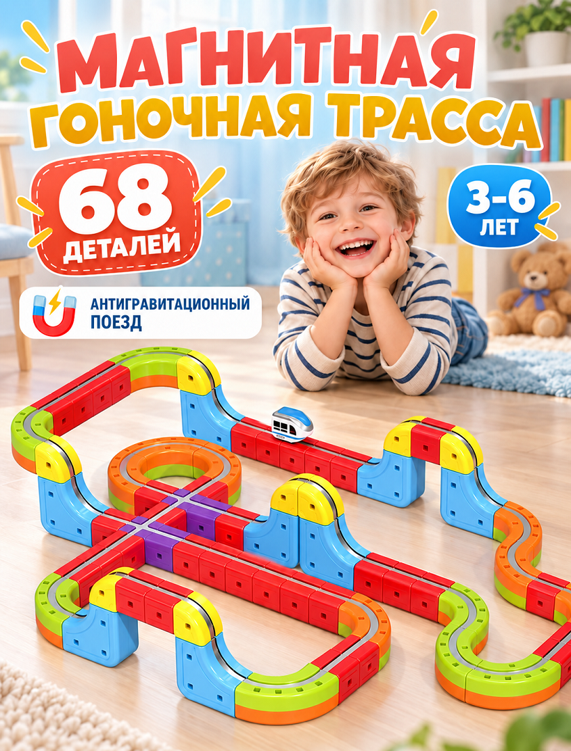 Tren magnetic cu sina magnetica (68 piese), USB, 655-34A cod:718522