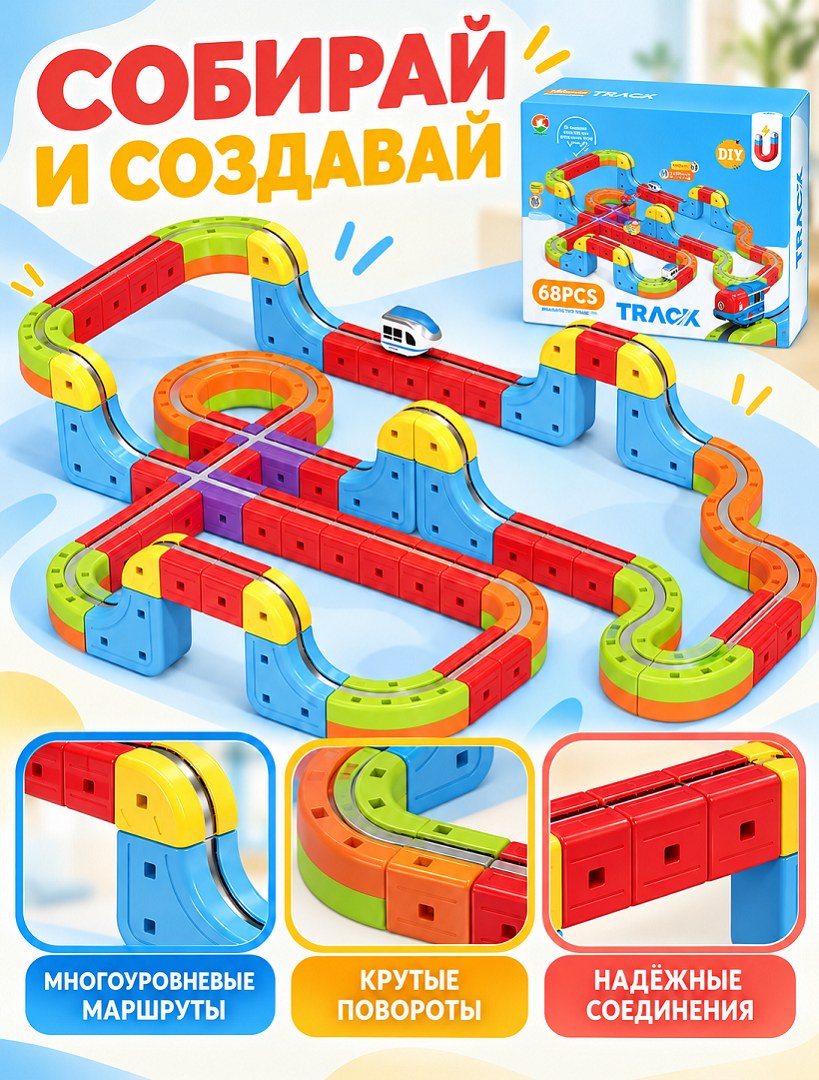 Tren magnetic cu sina magnetica (68 piese), USB, 655-34A cod:718522