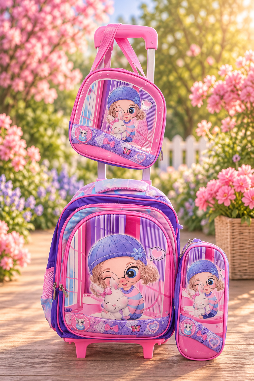 Set pentru școală, format din ghiozdan cu mâner telescopic și roți, mini geantă frigorifică și penar asortat. Disponibil designuri pentru băieți și fete. D2510-2183