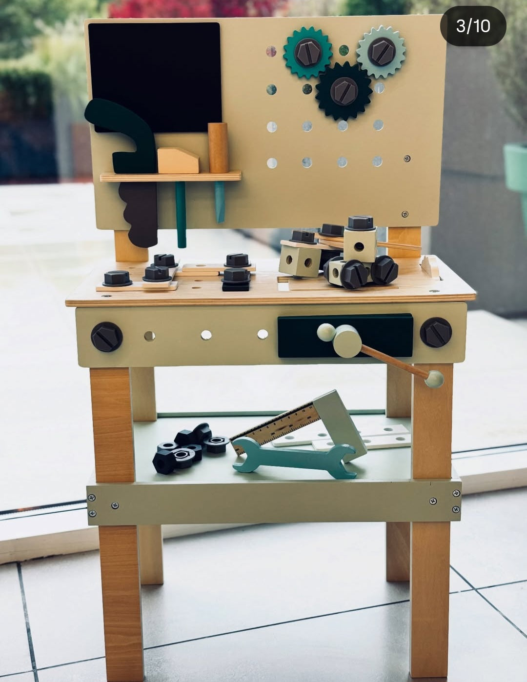 Masa de lemn pentru copii cu unelte, 45×28×77 cm,albastra W03D242