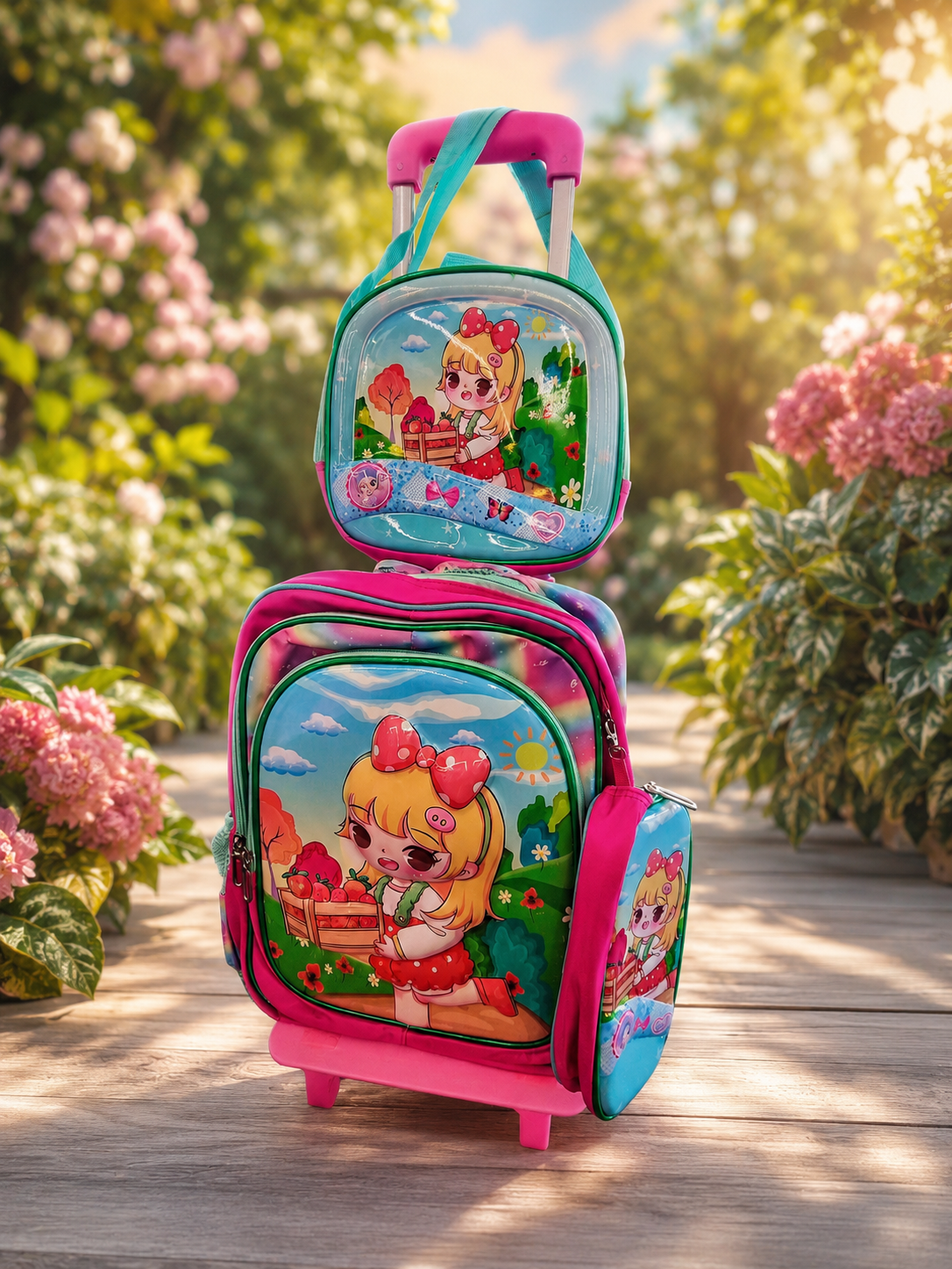 Set pentru școală, format din ghiozdan cu mâner telescopic și roți, mini geantă frigorifică și penar asortat. Disponibil designuri pentru băieți și fete. D2510-2183