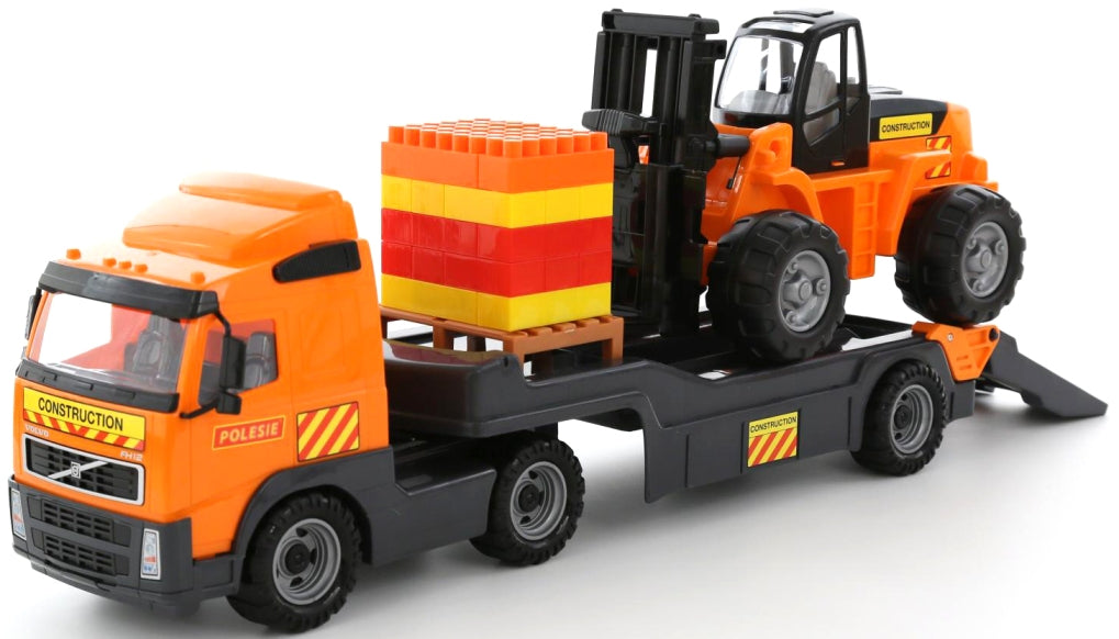 „Volvo”, camion cu remorcă + autocar + set de construcție „Super-Mix” – 30 de elemente pe palet (în plasă) (Polesie) Art. 36797