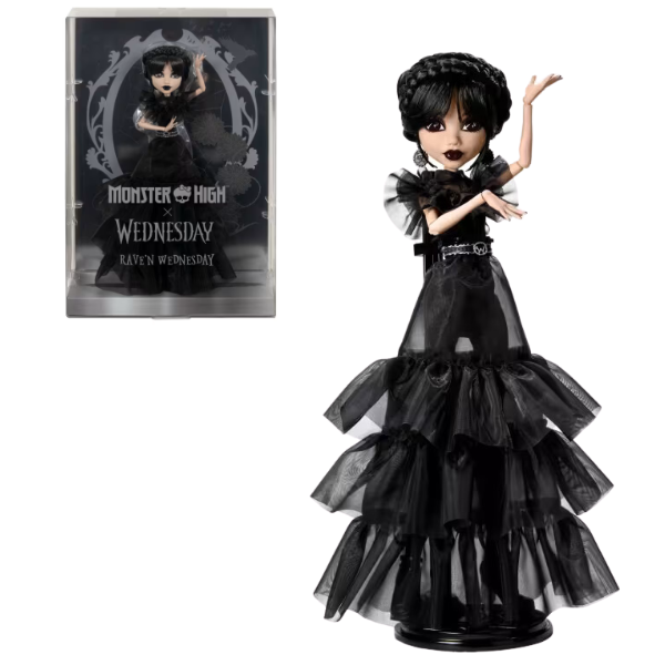 Set de joc Monster High „Păpușa Wednesday în Rochie”, cu accesorii HXJ03