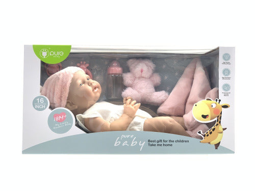 Păpușă vinil „Pure Baby” 40cm cu accesorii și plic DF16-009G