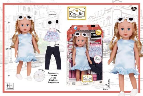 Păpușă din vinil de 40 cm în rochie, cu haine A932B