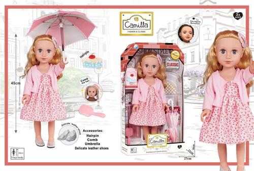 Păpușă din vinil de 45 cm, într-o rochie roz, cu o umbrelă A931B