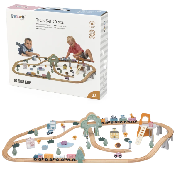 Calea ferata din lemn cu tren si accesorii, 90 elem. 44067