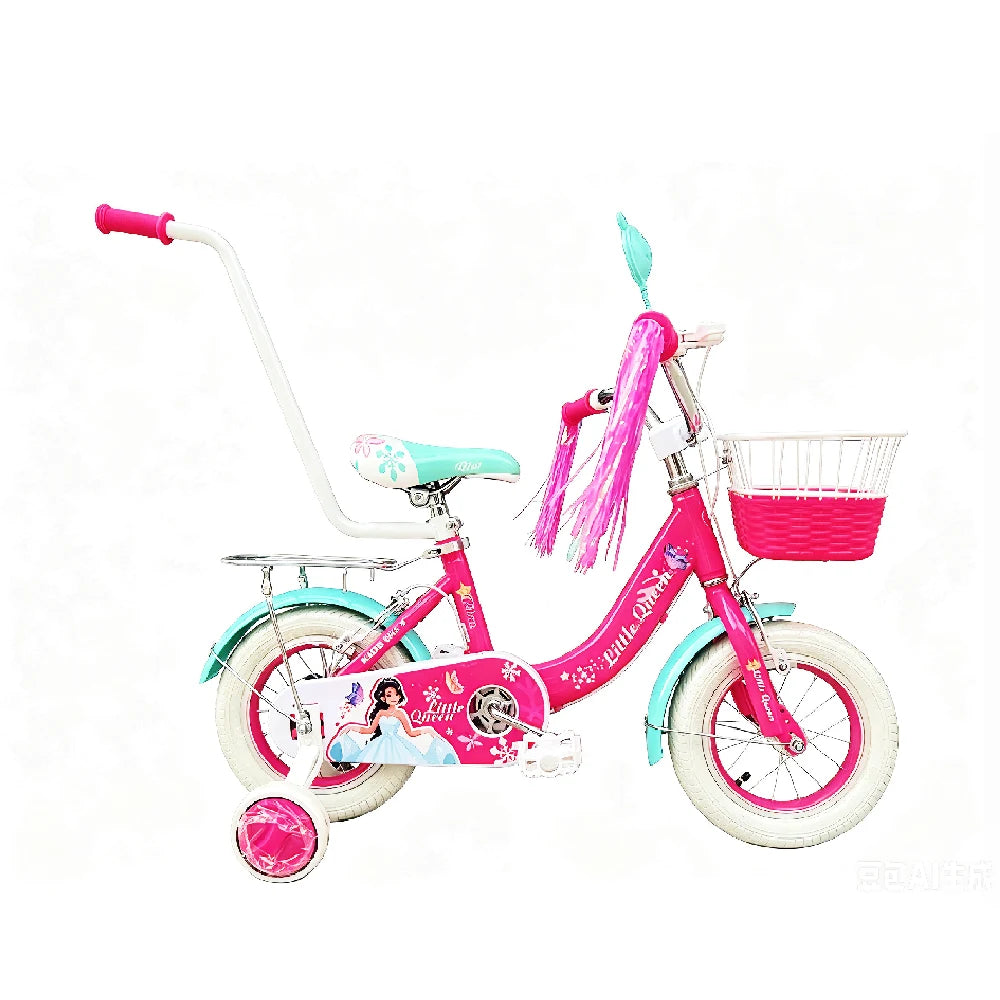 Bicicletă pentru copii Little Queen 12″, cu roți ajutătoare și mâner pentru părinte 2-4 ani (36257)