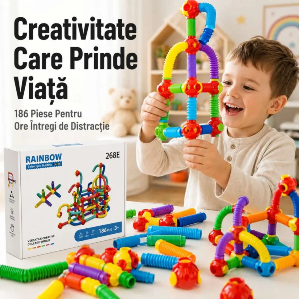 Set Construcție Montessori cu Tuburi Flexibile și Conectori 186 piese 21913tt