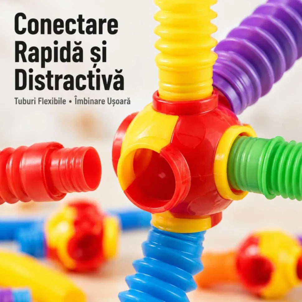 Set Construcție Montessori cu Tuburi Flexibile și Conectori 186 piese 21913tt