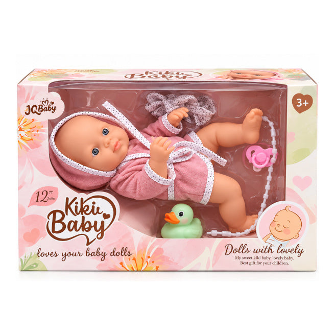 Păpușă Kiky Baby 30cm cu suzetă, rățușcă și scutec, cod 10572a